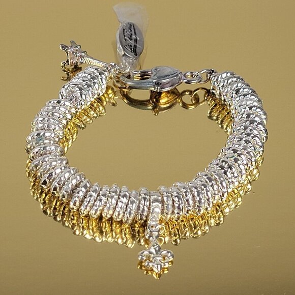 Silver-Tone Eiffel Tower Fleur De Lis Ring Charm Bracelet 8" Lobster Clasp - Picture 1 of 8